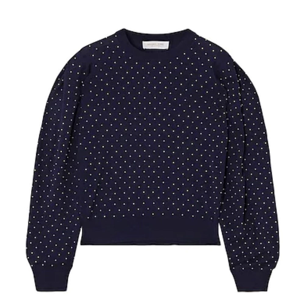 NWT Michael Kors Collection Sweater 100% Merino Wool Midnight Blue Metal Polka L